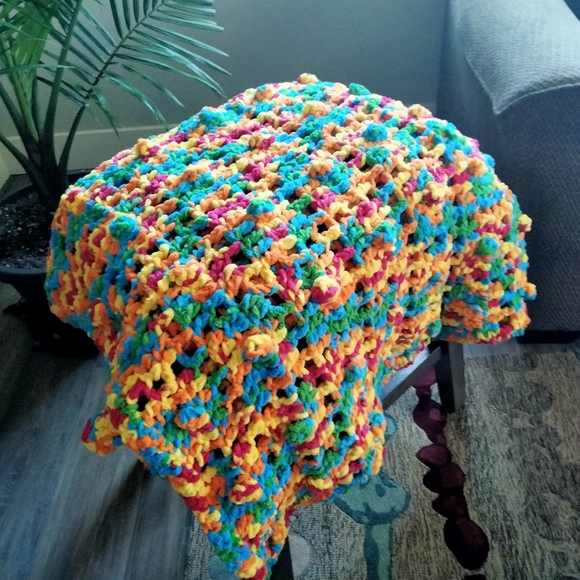 Long handmade crocheted blanket bright multi colored